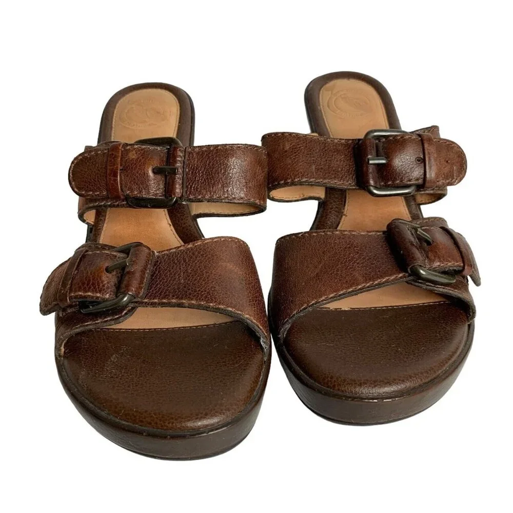 Nurture Piccolo Block Heel Sandals Size 7M Brown Leather Double Strap Slip On